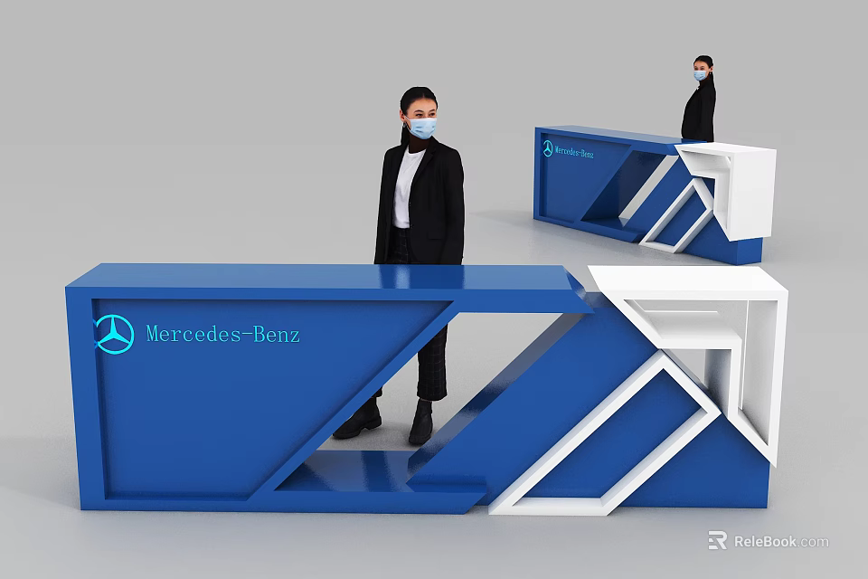 Mercedes Benz Modern Blue And White Reception Desk With Staff Standing 3d model 