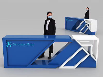 Mercedes Benz Modern Blue And White Reception Desk With Staff Standing 3d model
