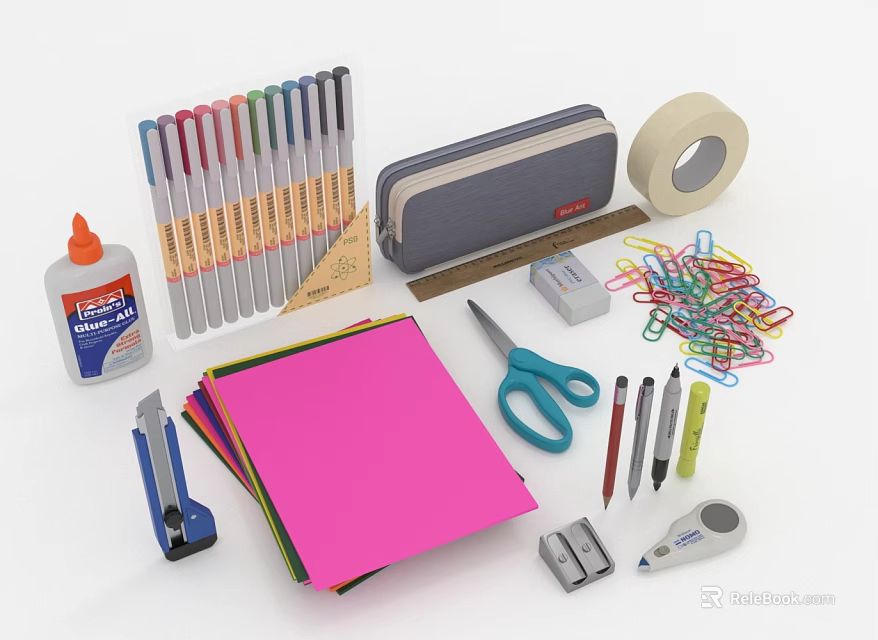 Essential Daily Stationery Supplies With Colored Pens Scissors Glue Tape And Paper Clips 3d model 
