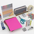 Essential Daily Stationery Supplies With Colored Pens Scissors Glue Tape And Paper Clips