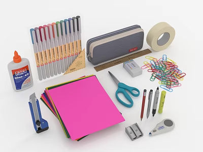 Essential Daily Stationery Supplies With Colored Pens Scissors Glue Tape And Paper Clips 3d model