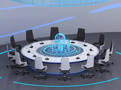 Modern Control Room With Circular Conference Table Holographic Display And Multiple Chairs 3d model