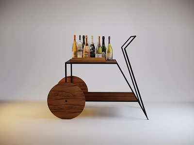 Stylish Wooden Wine Cart With Metal Frame And Multiple Bottles On Wheels 3d model