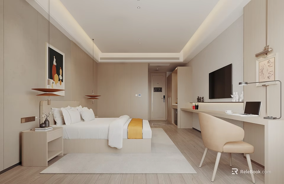 Modern Hotel Guest Room Interior With Comfortable Bed Desk Chair TV And Wall Art 3d model 