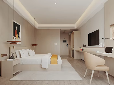 Modern Hotel Guest Room Interior With Comfortable Bed Desk Chair TV And Wall Art 3d model
