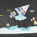 Colorful Paper Planes Hanging Over White Blue Platforms With Small Umbrella And Chairs
