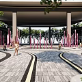 Modern Commercial Street With Wooden Entrance Arch High Rise Buildings Shops Green Trees And Pedestrians