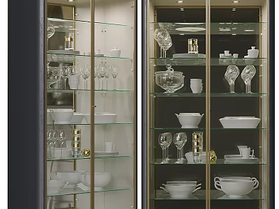 Elegant Display Cabinet Featuring Glass Doors And Glass Shelves With Dinnerware 3d model