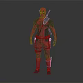 Deadpool Superhero In Red And Black Costume With Armor And Weapons Full Body View