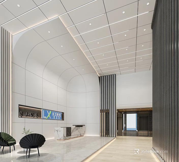 Modern Reception Desk Interior Design With Sleek Surface Ambient Lighting And Stylish Backdrop 3d model