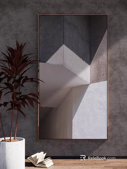 Modern Abstract Wall Art Decor With Wooden Frame And Green Plants In Living Room 3d model 