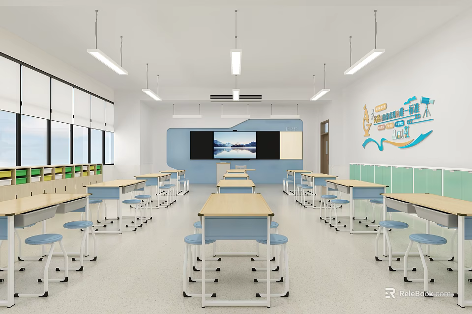School Classroom Interior With Student Desks Whiteboard Decorative Wall Art Large Windows And Bright Lighting 3d model 
