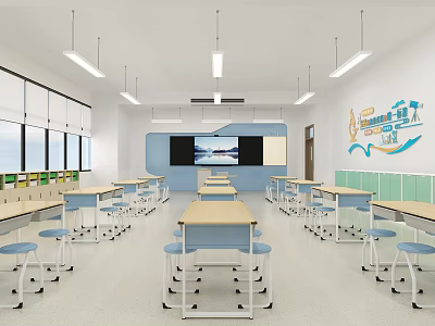 School Classroom Interior With Student Desks Whiteboard Decorative Wall Art Large Windows And Bright Lighting 3d model