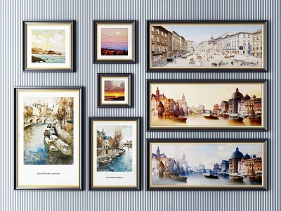 Various Framed Paintings With Black Frames Showing City And Sea Views 3d model