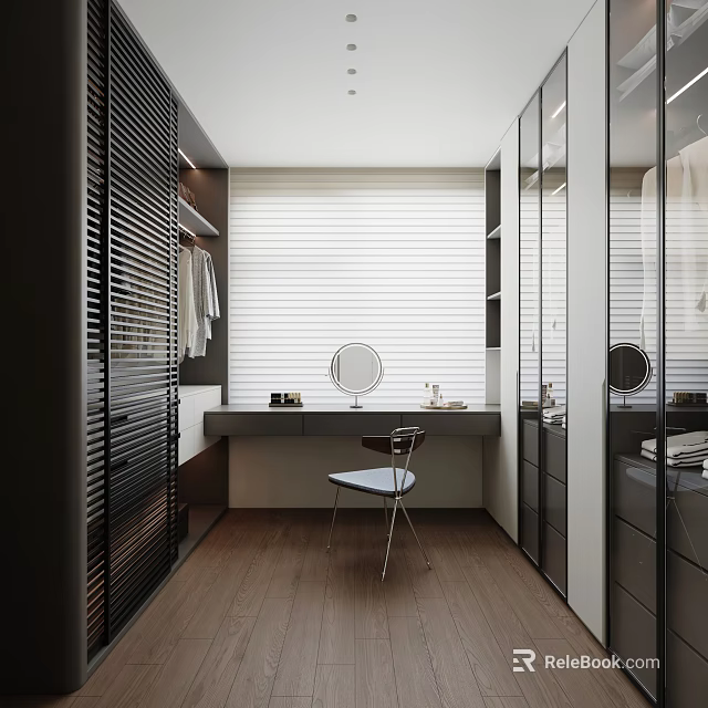 Modern Walk-in Closet Interior With Glass Cabinet Doors Dressing Table Round Mirror And Chair Blinds 3d model 
