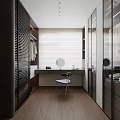 Modern Walk-in Closet Interior With Glass Cabinet Doors Dressing Table Round Mirror And Chair Blinds