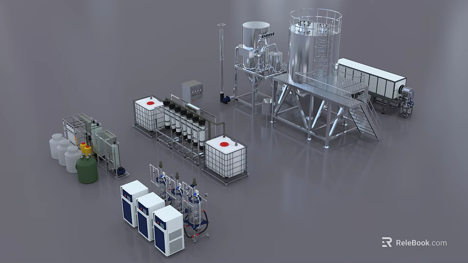 Laboratory Industrial Equipment Setup Featuring Stainless Steel Tanks Mixing Devices Piping Systems And Containers 3d model 