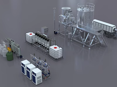 Laboratory Industrial Equipment Setup Featuring Stainless Steel Tanks Mixing Devices Piping Systems And Containers 3d model