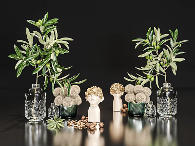 Ornamental Decor Combination With Olive Plants Transparent Glass Vases Small Figurines Fluffy Balls And Nuts 3d model