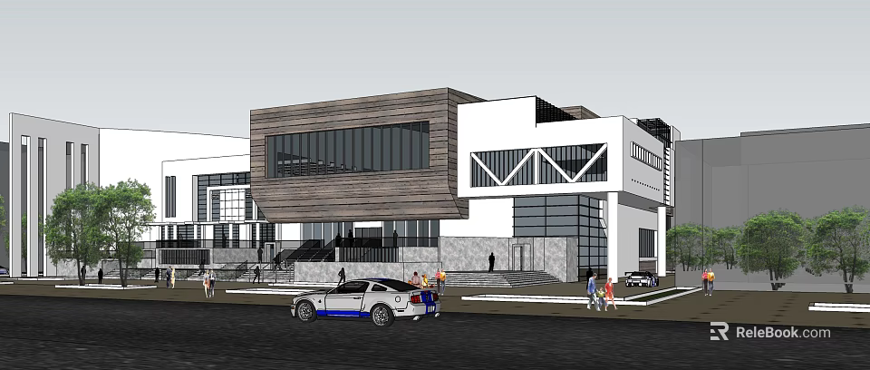 Modern Public Building Exterior Design With Glass Windows White Brown Facade Pedestrians And Police Car 3d model 