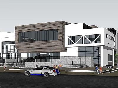 Modern Public Building Exterior Design With Glass Windows White Brown Facade Pedestrians And Police Car 3d model