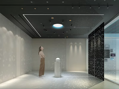 Modern Exhibition Hall with Visitor Observing White Pedestal Spherical Exhibit and Intricate Wall Panels 3d model
