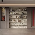 Modern Elegant Wooden Bookcase Interior With Patterned Background Wall And Decor Ornaments 3d model
