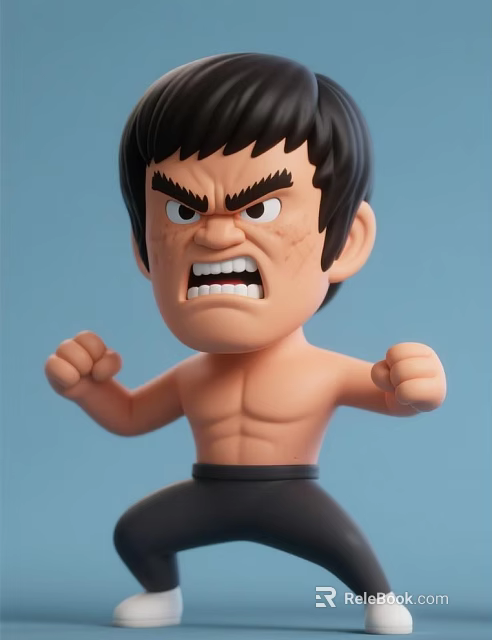 Stylized Muscular Man Cartoon Figure With Clenched Fists On Blue Background 3d model 