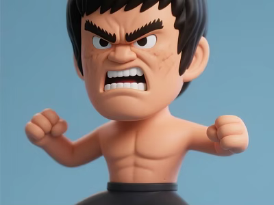 Stylized Muscular Man Cartoon Figure With Clenched Fists On Blue Background 3d model