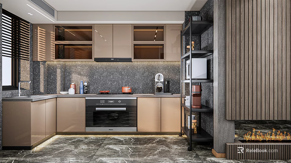 Sleek Modern Kitchen Interior With Beige Cabinets Marble Countertop Black Appliances And Dark Tile Backsplash 3d model 