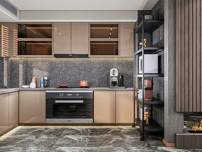 Sleek Modern Kitchen Interior With Beige Cabinets Marble Countertop Black Appliances And Dark Tile Backsplash 3d model