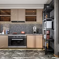 Sleek Modern Kitchen Interior With Beige Cabinets Marble Countertop Black Appliances And Dark Tile Backsplash