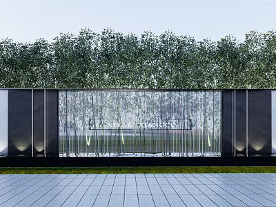 Modern Feature Wall Design With Glass Water Curtain Green Trees And Stone Tiles 3d model