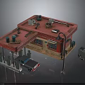 Red Roof Gas Station Building With Fuel Pumps Parked Car And Oil Drums