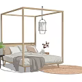 Wooden Canopy Double Bed With Side Table Green Plant Pillows Hanging Lamp And Woven Rug