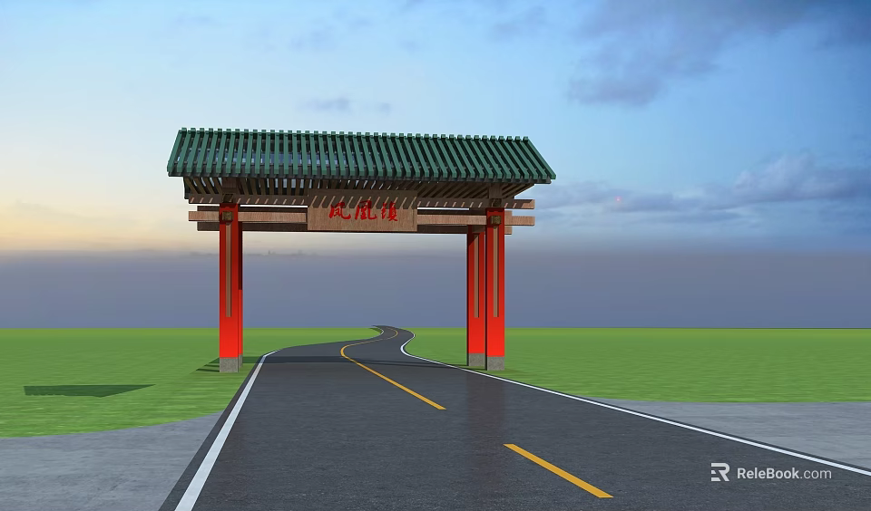 Traditional Chinese Gateway With Green Tiled Roof Red Pillars And Road Through Green Grassland 3d model 