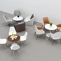 Modern Round Table and Chair Sets with White Grey Brown Seats and Green Plants