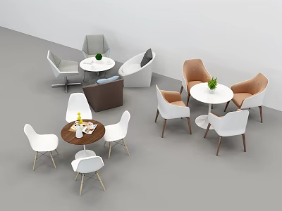 Modern Round Table and Chair Sets with White Grey Brown Seats and Green Plants 3d model