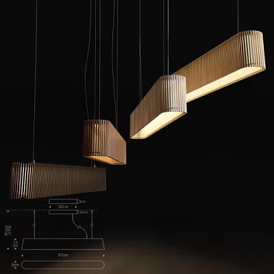 Modern Wooden Pendant Lights With Rectangular Design And Warm Lighting Featuring Design Blueprint Elements 3d model