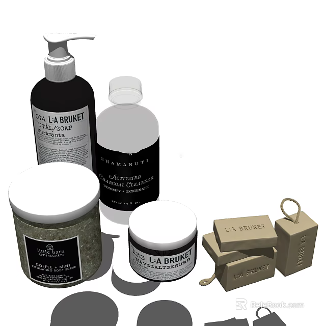Essential Bathroom Accessories Including Hand Soap Bottles Body Scrub Jars And Soap Bars 3d model 