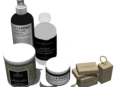 Essential Bathroom Accessories Including Hand Soap Bottles Body Scrub Jars And Soap Bars 3d model