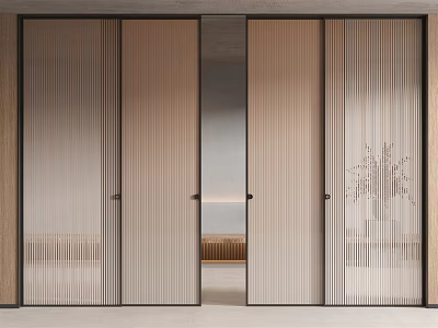 Modern Interior Sliding Door With Glass Panels And Black Frame Design 3d model