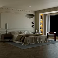Elegant Bedroom Interior With Beige Walls Decorative Molding Modern Pendant Light And Geometric Rug