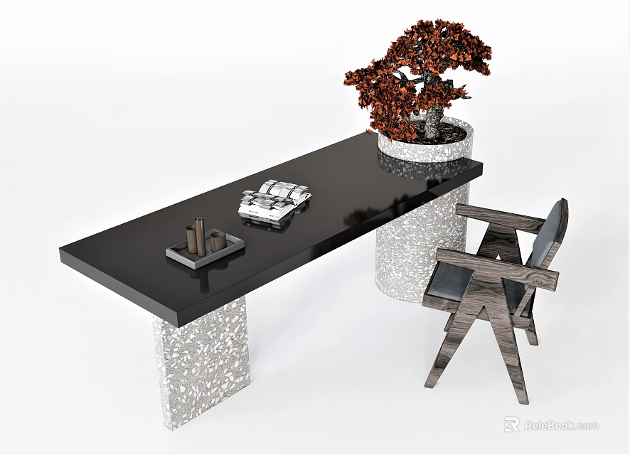 Modern Dining Table Set With Black Tabletop Stone Base Chair And Potted Plant 3d model