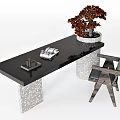 Modern Dining Table Set With Black Tabletop Stone Base Chair And Potted Plant 3d model