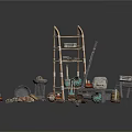 Ancient Tools and Artifacts Collection With Wooden Shelf Clay Pots Stone Mill and Tools