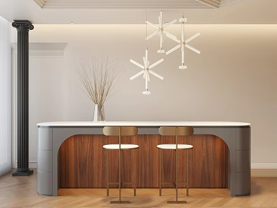 Elegant Bar With Wood Paneling Gray Counter Bar Stools And Pendant Lights 3d model