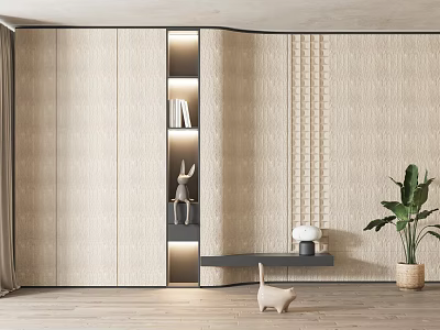 Modern Minimalist Beige Textured Sofa Background Wall With Built In Shelf And Green Plant 3d model