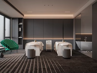 Luxury SPA Sauna Room Interior With Two Massage Beds Green Chair And Bathtub 3d model