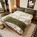 Modern Bedroom Interior with Double Bed Green Leather Headboard Floral Bedspread and Swan Painting